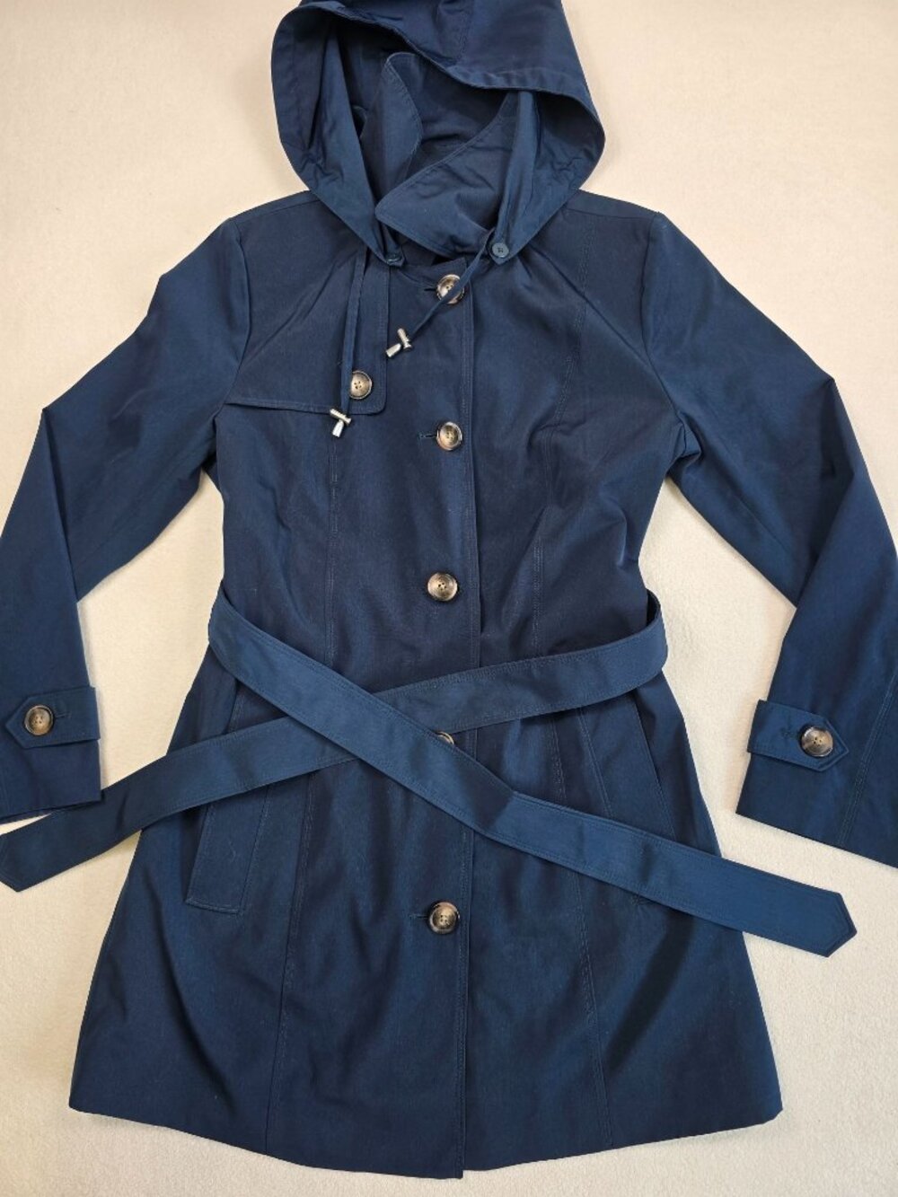 London Fog Womens S Dark Teal Hooded Trench Coat Small Rain Coat Single Breasted - Picture 1 of 3